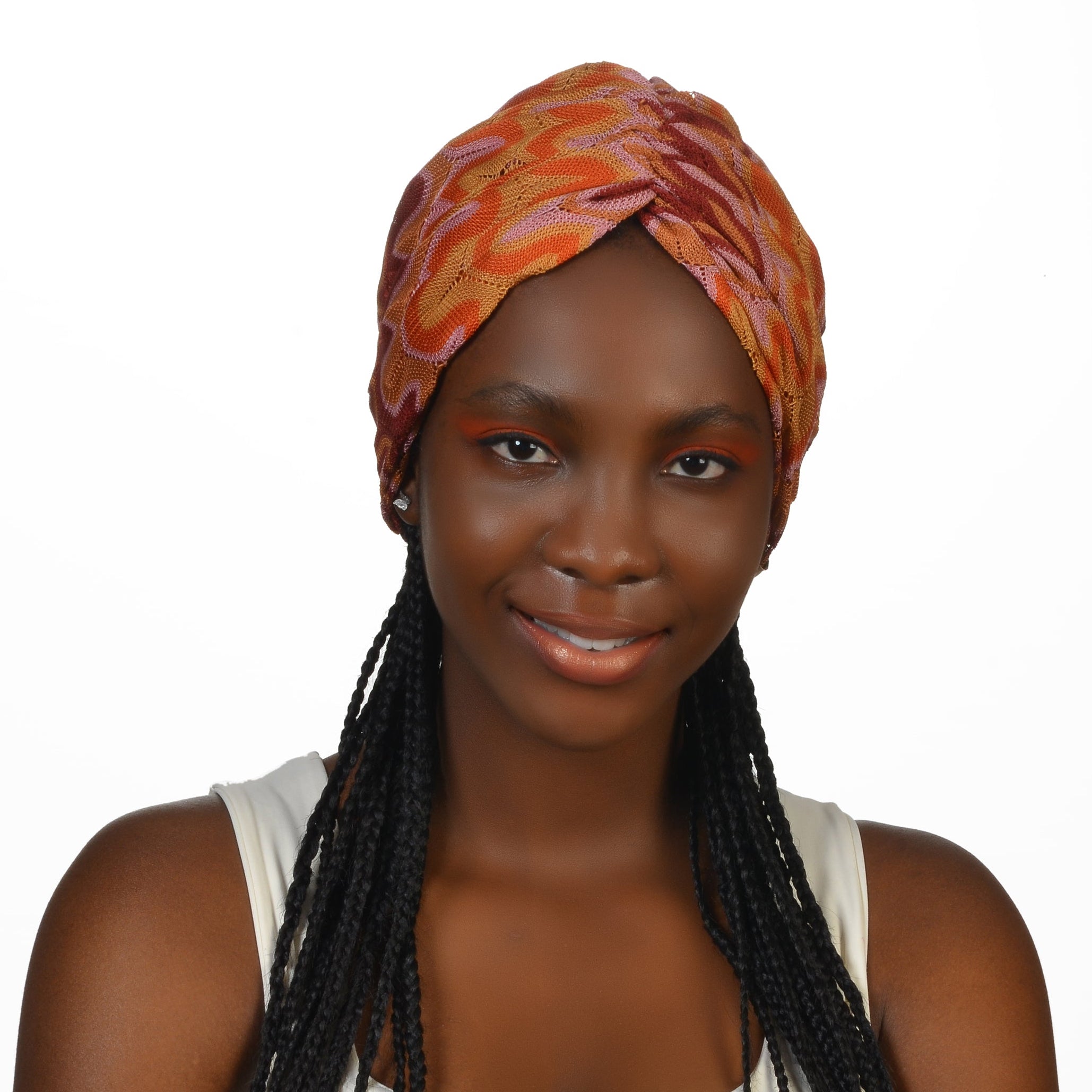 Milano Büzgülü Bone - Turuncu Dalga Desenli Örme Kumaş