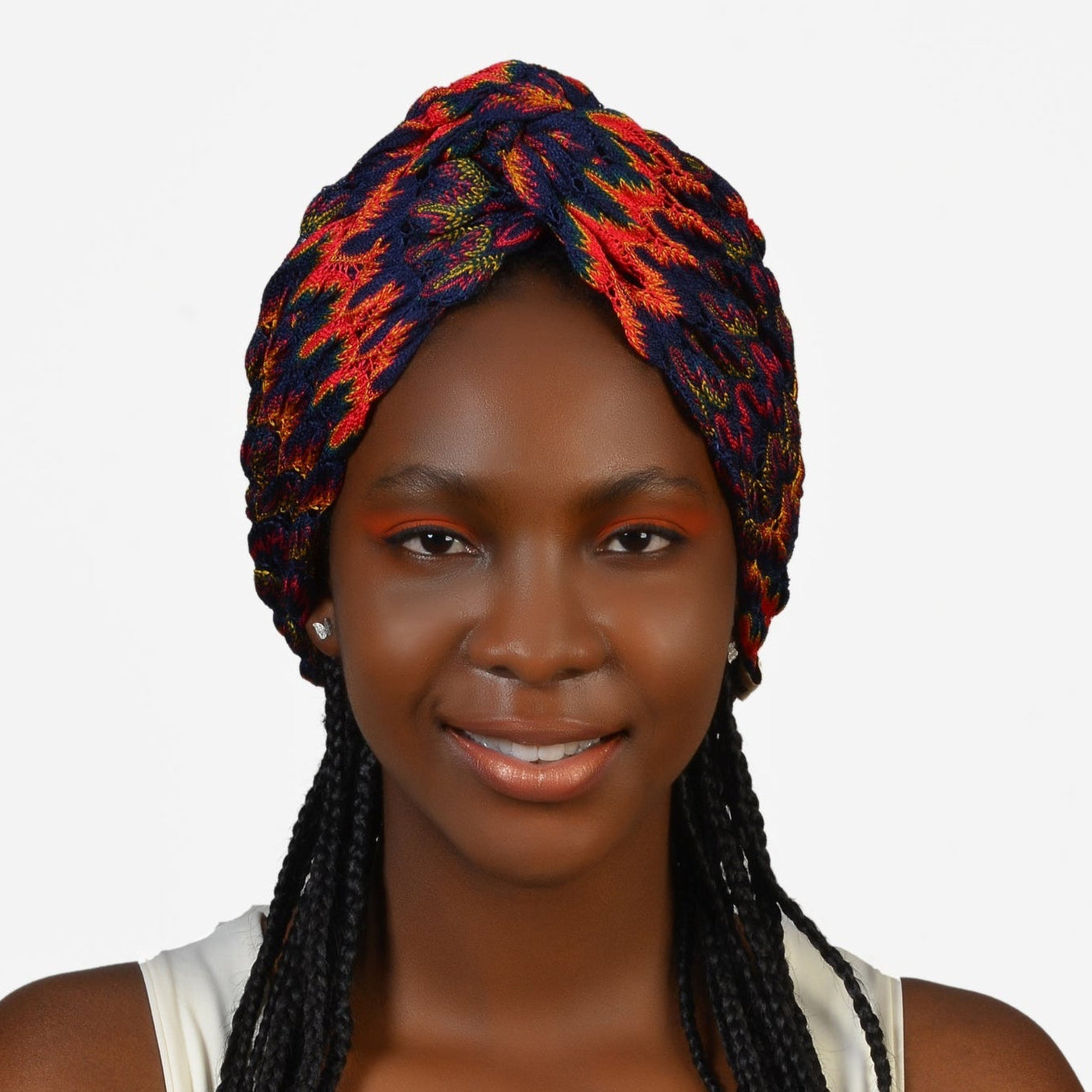 Barcelona Burgulu Bone - Lacivert Turuncu Renkli - Zikzak Desenli - Esnek Örme Kumaş