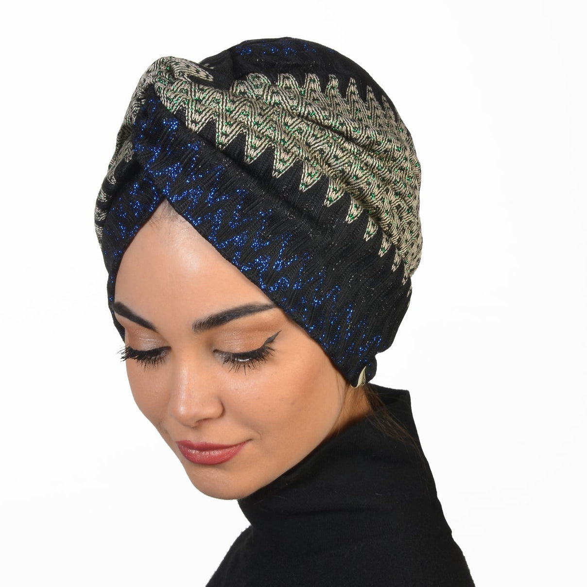 Barcelona Burgulu Bone - Turuncu Krem Lacivert Renkli - Zikzak Desenli Simli Örme Kumaş