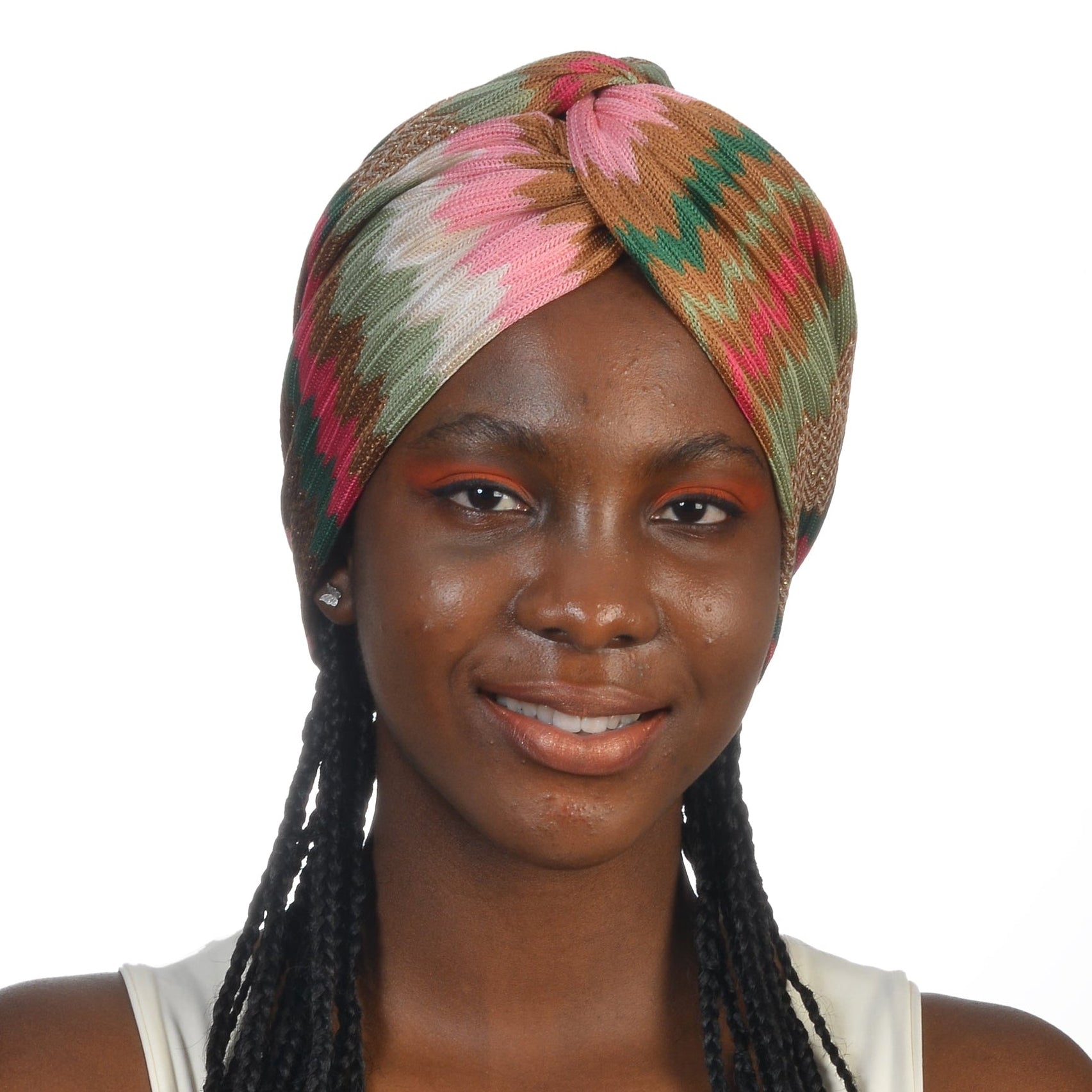 Barcelona Burgulu Bone - Pembe Yeşil Krem Renkli - Zikzak Desenli Örme Kumaş