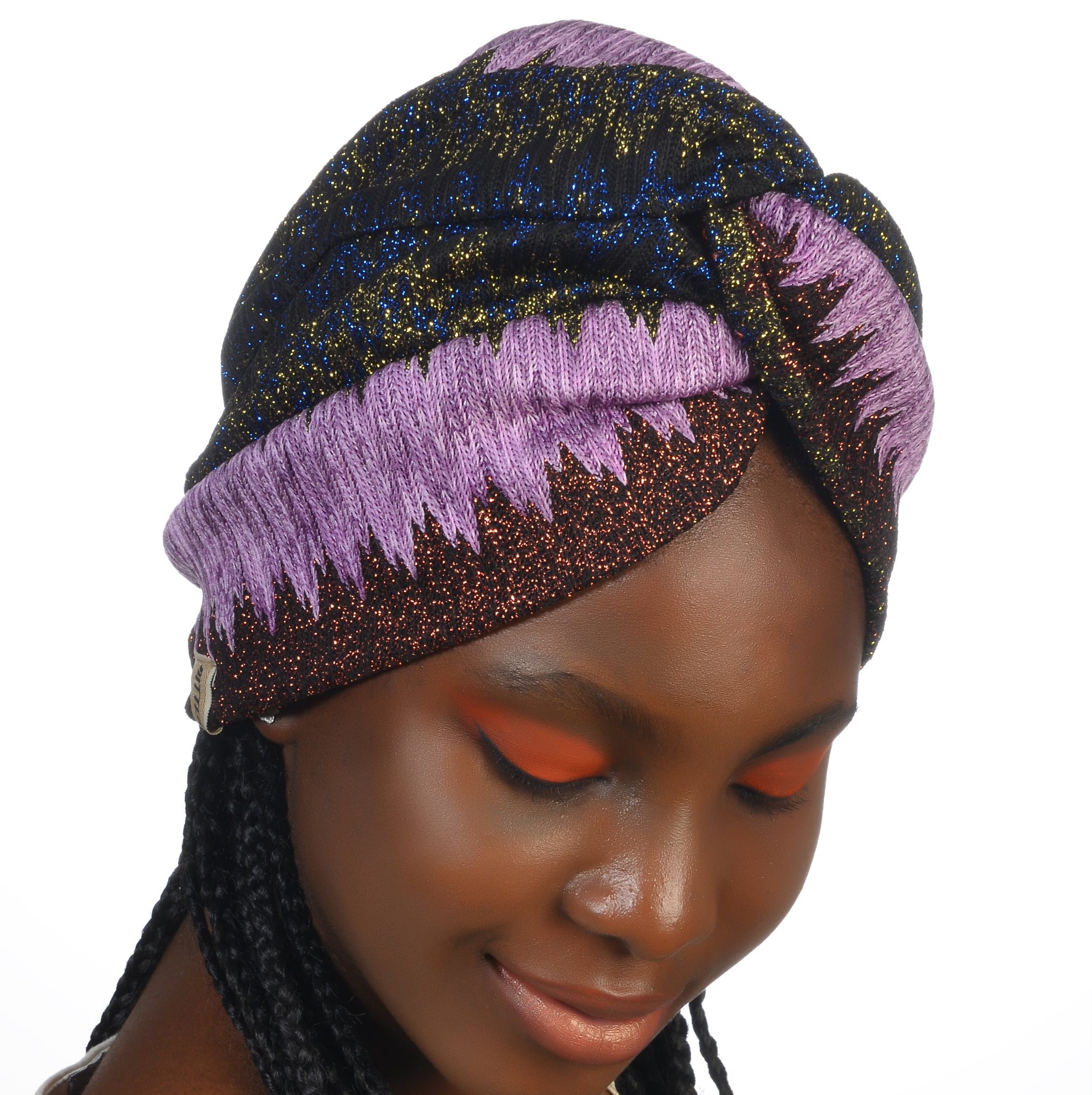 Barcelona Burgulu Bone - Lila Lacivert Renkli - ZikZak Desenli - Örme Kumaş