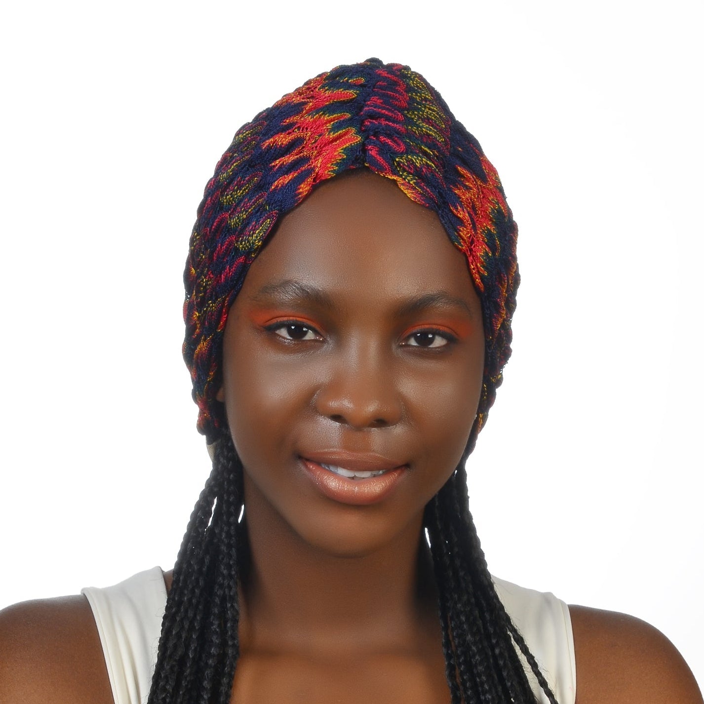 Milano Büzgülü Bone - Lacivert Turuncu Renkli - Zikzak Desenli Örme Kumaş