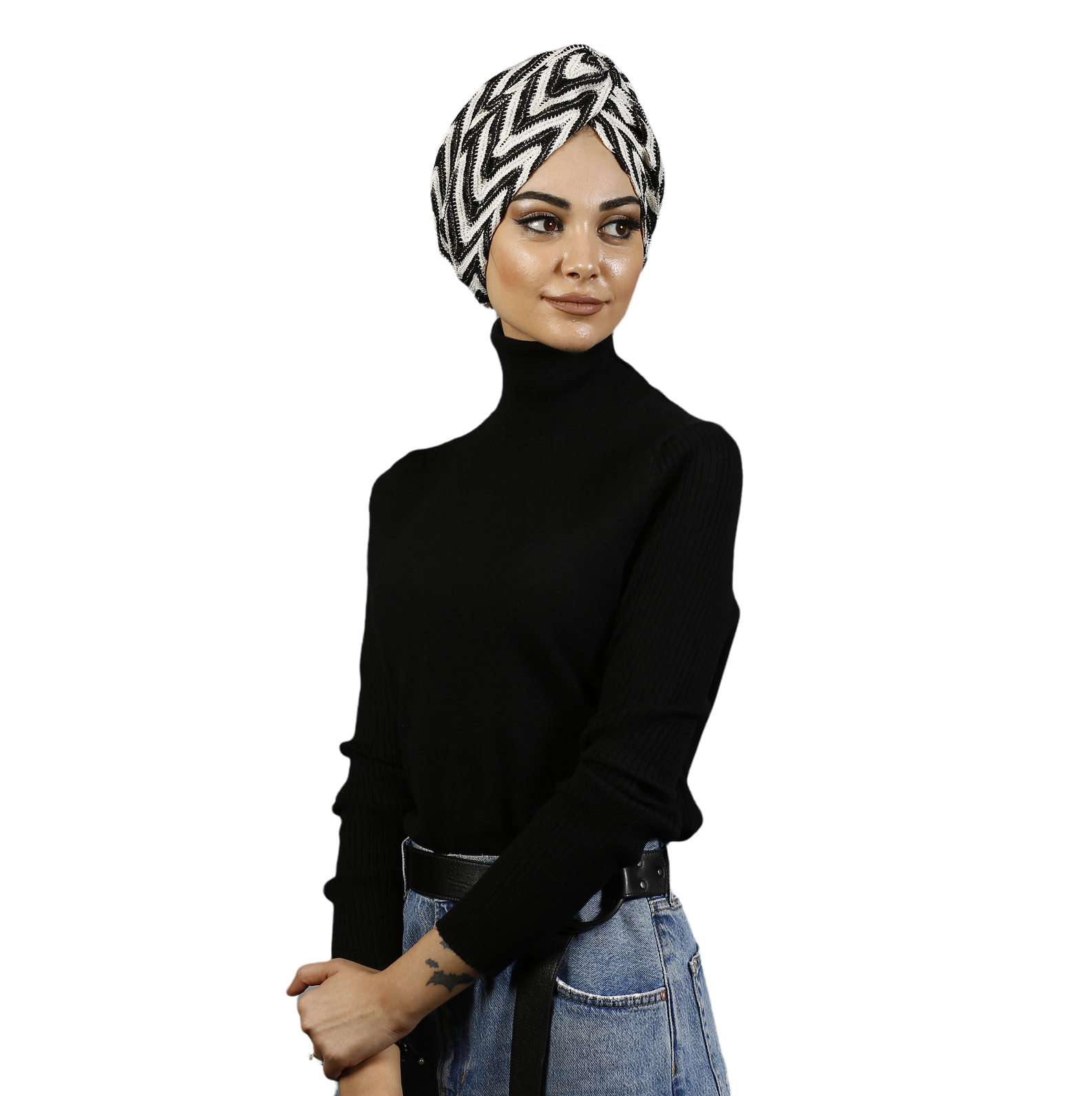 Zigzag Pattern Knitted Bonnet - Stretchy Tricot Fabric - Black/White Color - BitterColors 