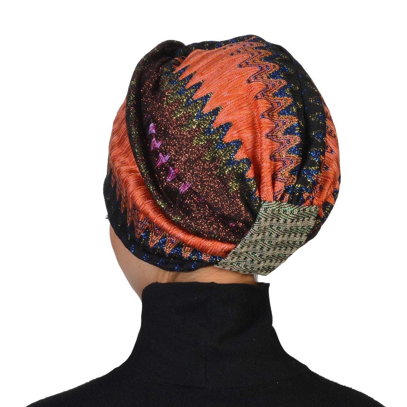 Barcelona Burgulu Bone - Turuncu Krem Lacivert Renkli - Zikzak Desenli Simli Örme Kumaş