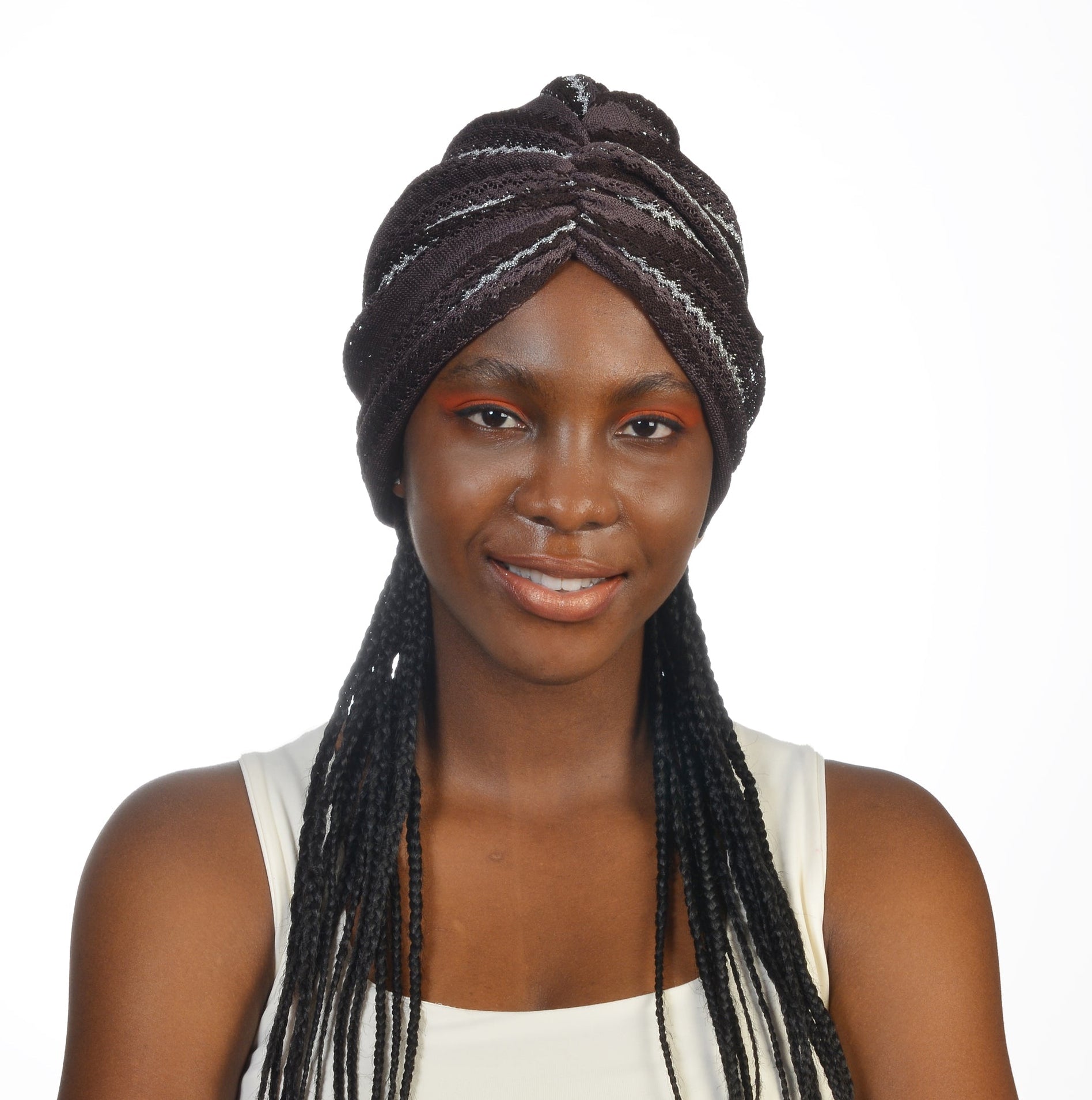 Milano Büzgülü Bone - Kahverengi Simli Zikzak Desenli Kumaş