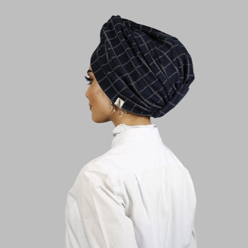 Square Patterned Glittery Bonnet - Stretchy Knit Fabric - Navy Blue - BitterColors 