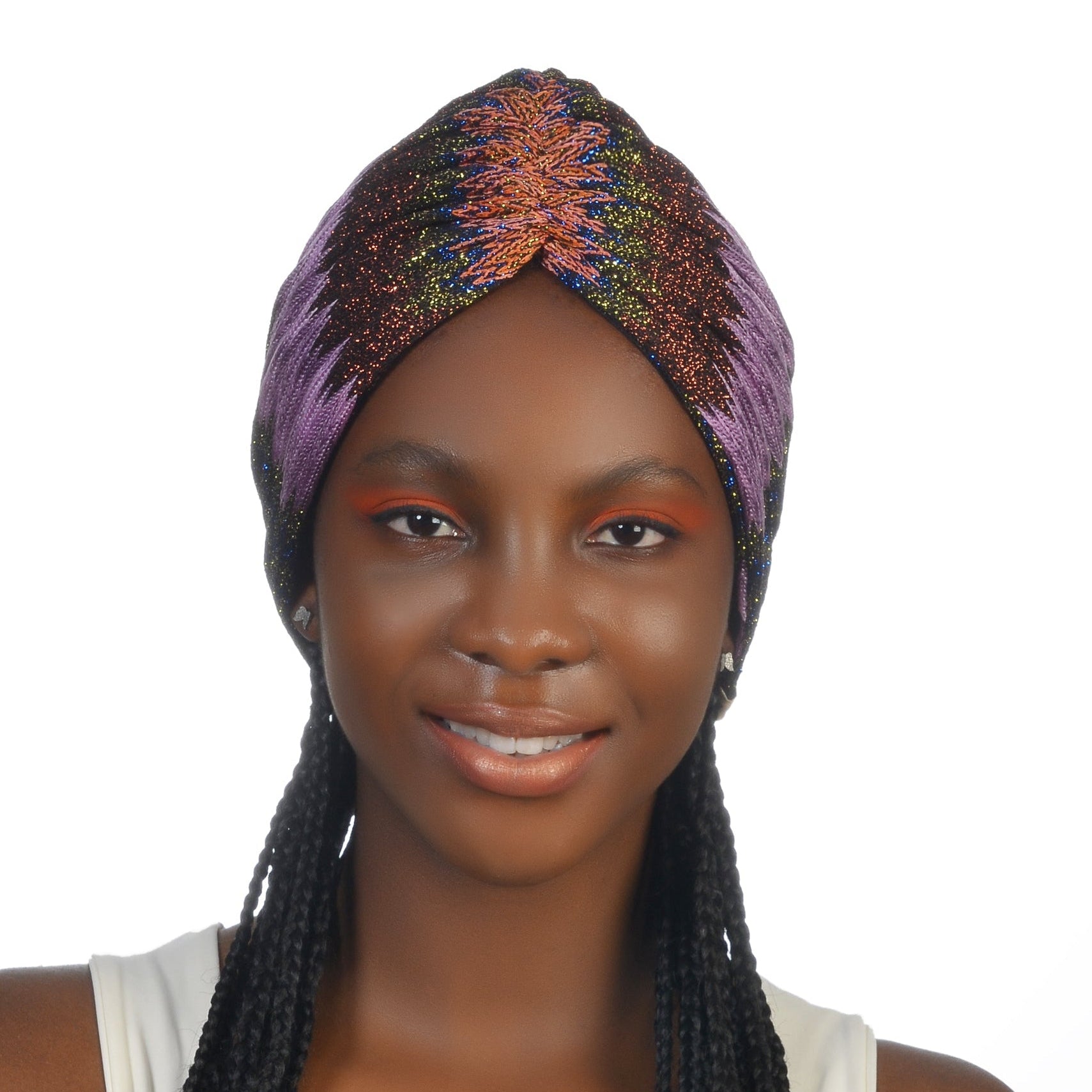 Milano Büzgülü Bone - Mor Turuncu Renkli - Simli - ZikZak Desenli Örme Kumaş