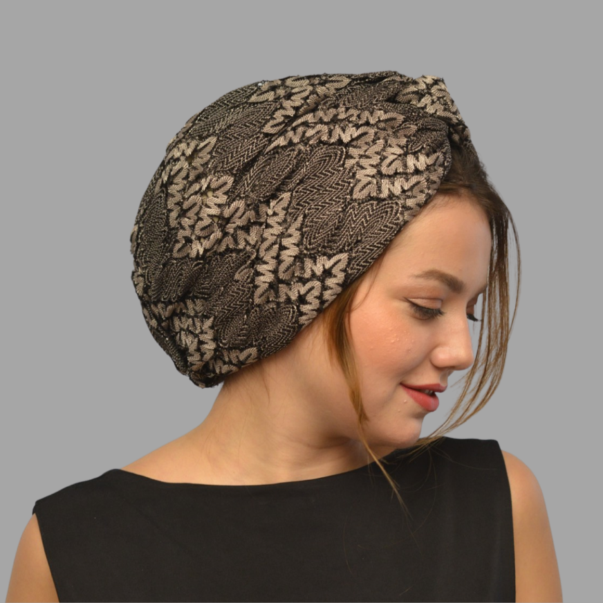 Barcelona Burgulu Bone - Vizon Zikzak Desenli Örme Kumaş