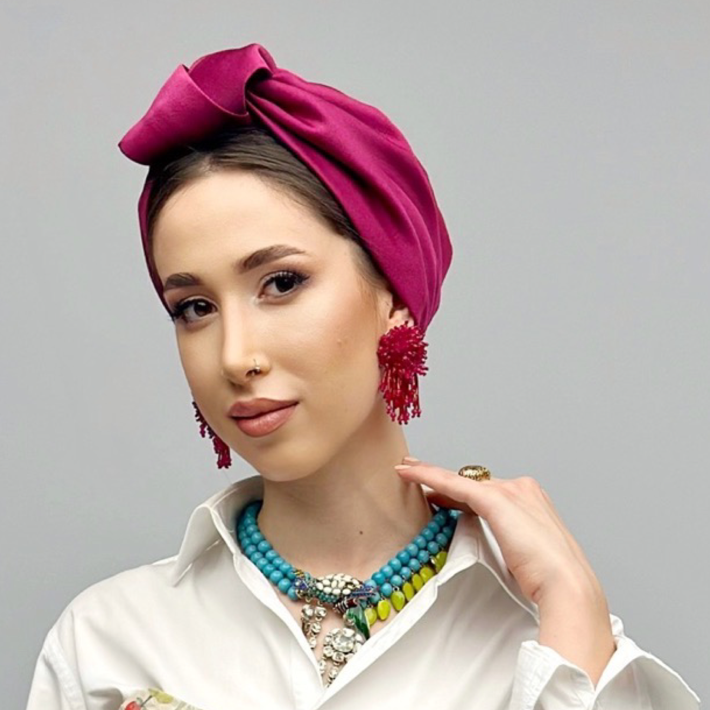 Venüs Düğümlü Bone - Fuşya ve Turuncu Renkli - Düğüm Detaylı - Krep Saten Kumaş